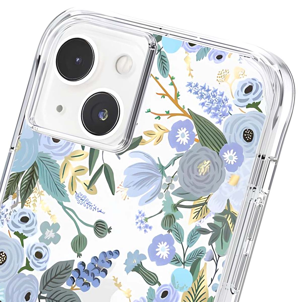 Custodia per iPhone con bordi trasparenti e fantasia floreale blu-verde.