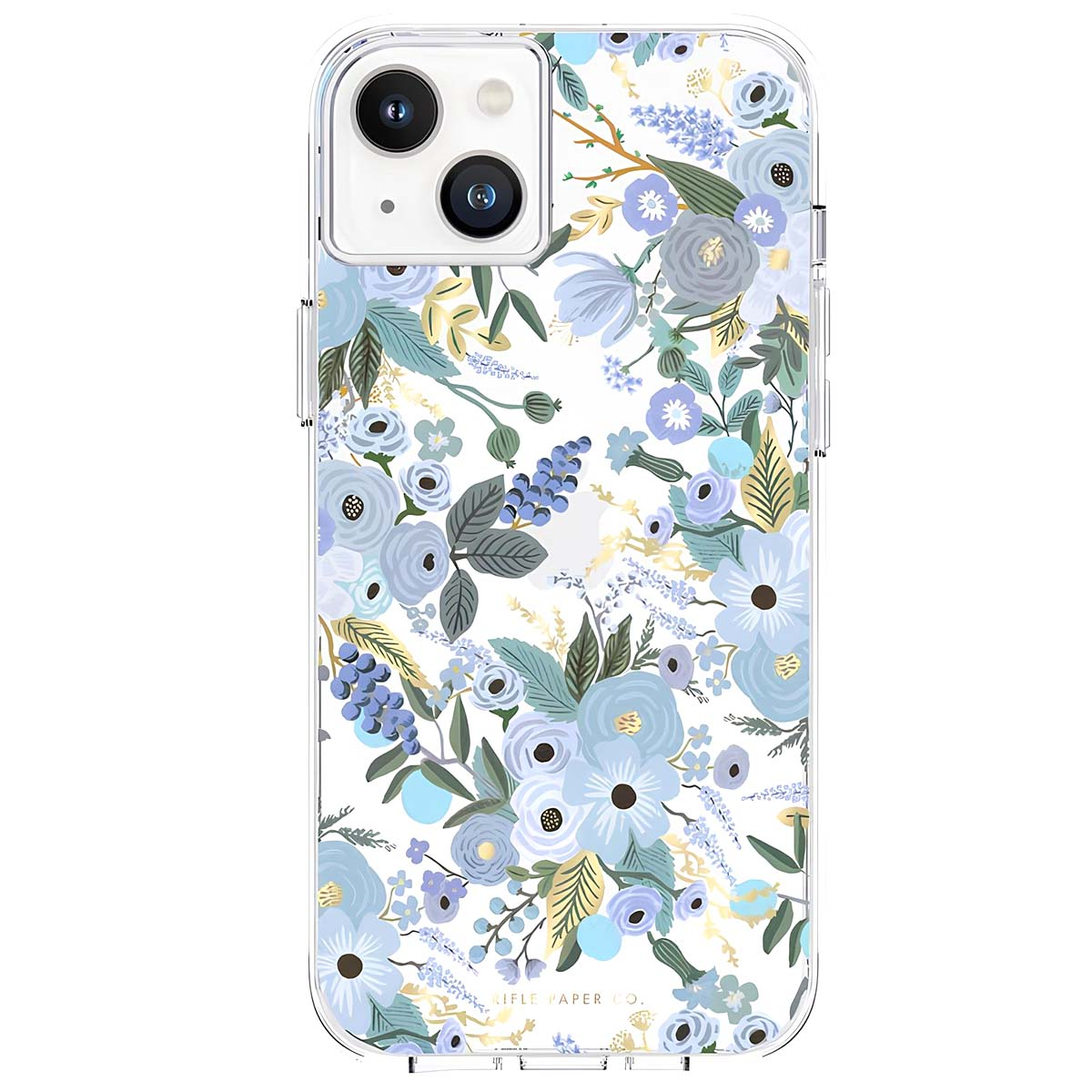 Custodia trasparente per telefono con fantasia floreale blu e verde, rose e bacche.