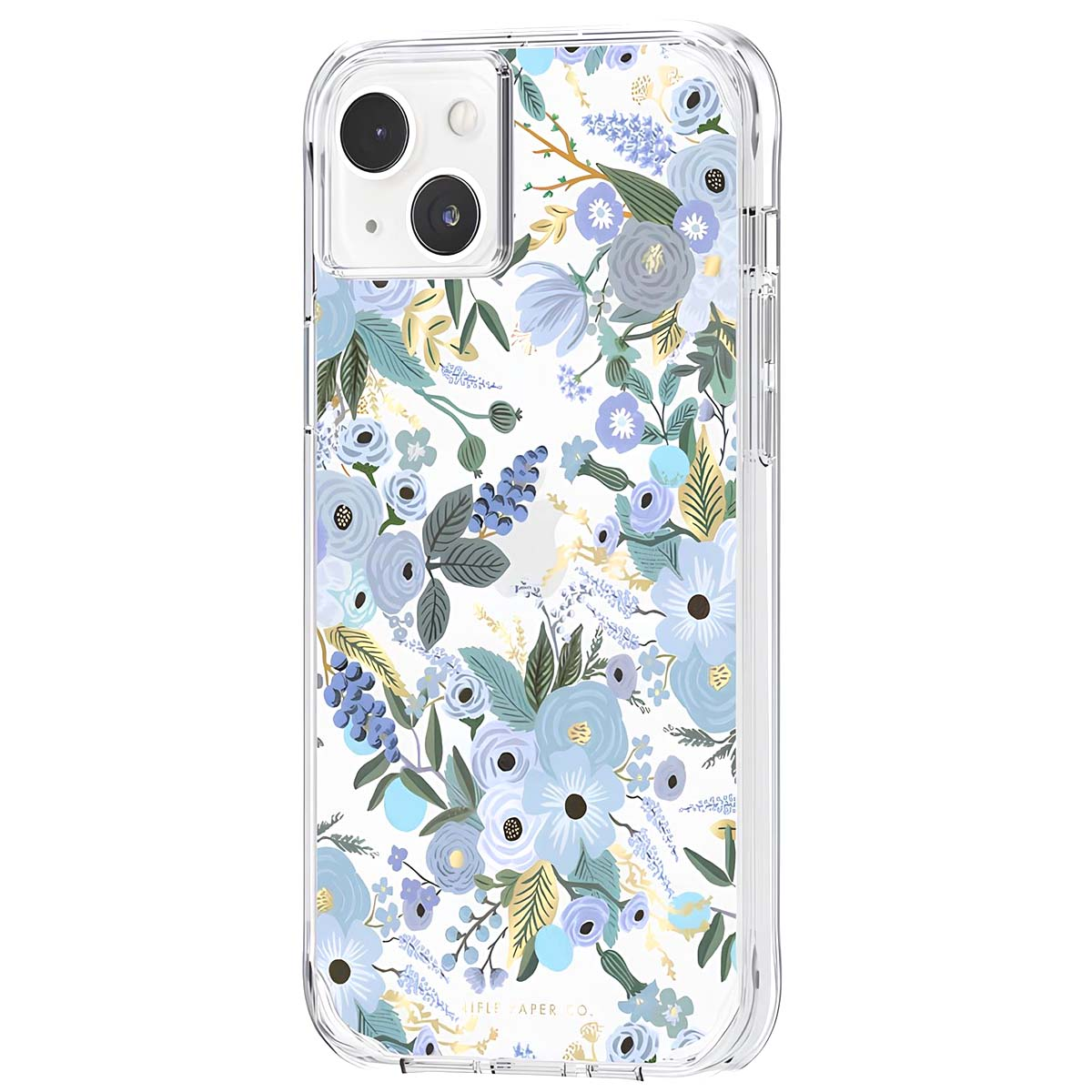Custodia trasparente per telefono con motivo floreale blu, con rose azzurro e foglie verdi.