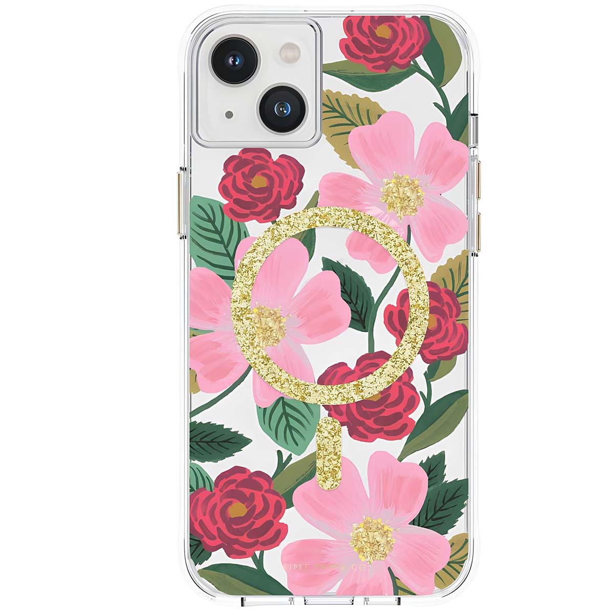 Custodia trasparente per telefono con fiori rosa e rossi e un anello glitter oro.