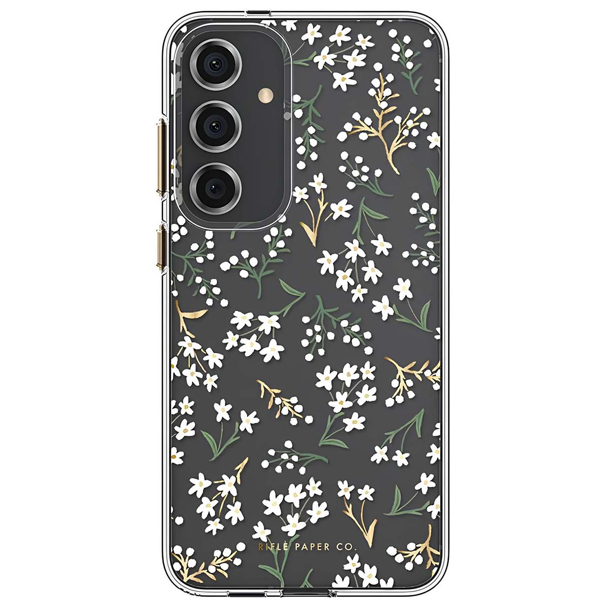 Custodia per telefono con sfondo grigio scuro e motivo floreale bianco. Modulo fotocamera visibile.