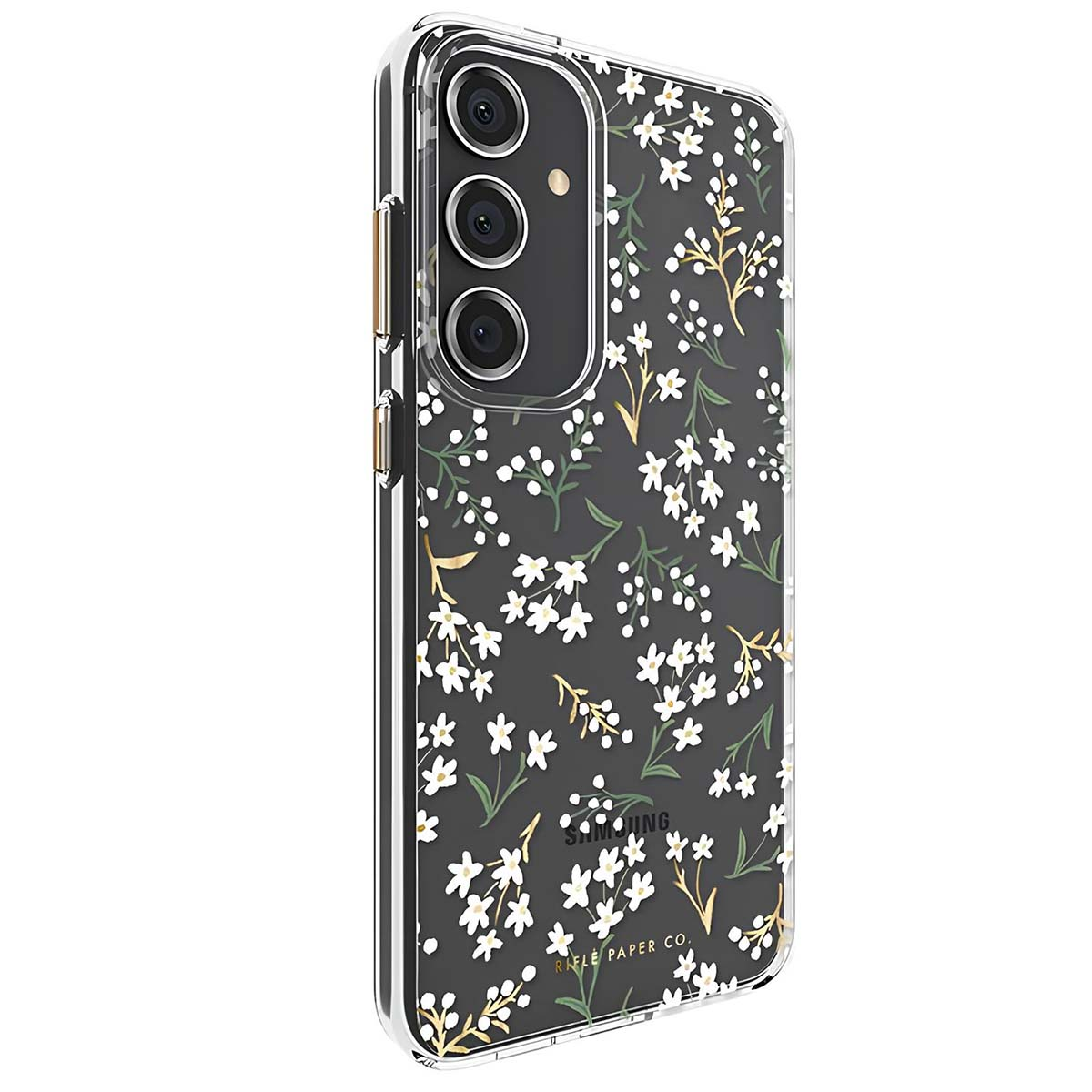 Una cover trasparente per telefono con sfondo nero, piccoli fiori bianchi e foglie verdi.