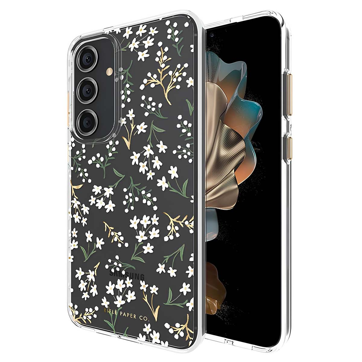 Cover nera per telefono con motivo floreale bianco e accenti dorati, mostra schermo.