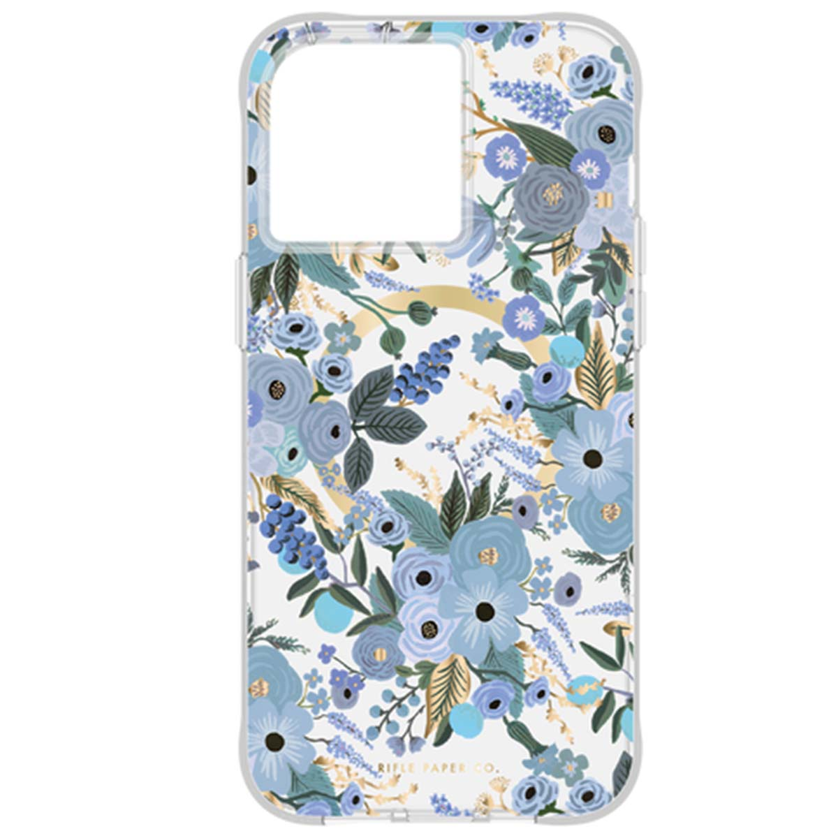 Una cover trasparente per telefono con motivo floreale blu e accenti dorati.