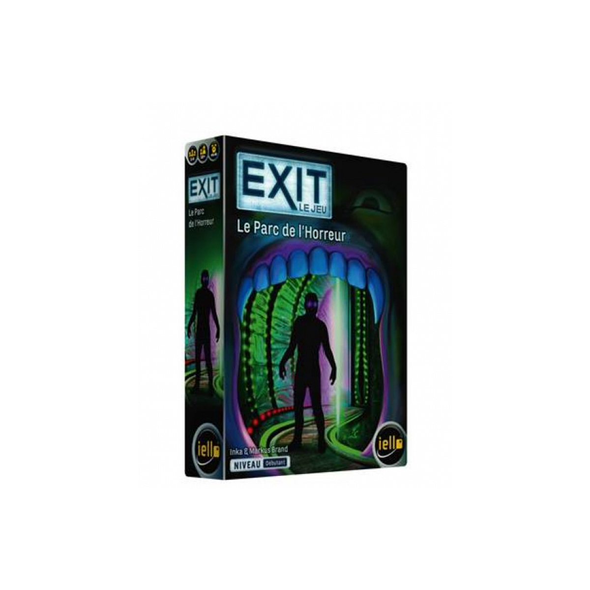 Copertina scatola gioco 'EXIT Le Parc de l'Horreur' con tema oscuro e minaccioso e una silhouette.