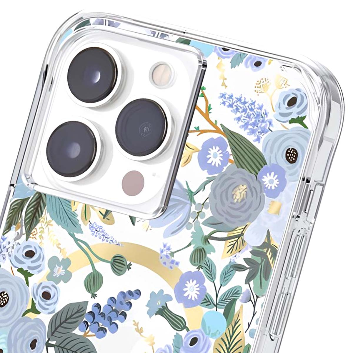 Una custodia trasparente per telefono con motivo floreale blu e verde e modulo fotocamera.