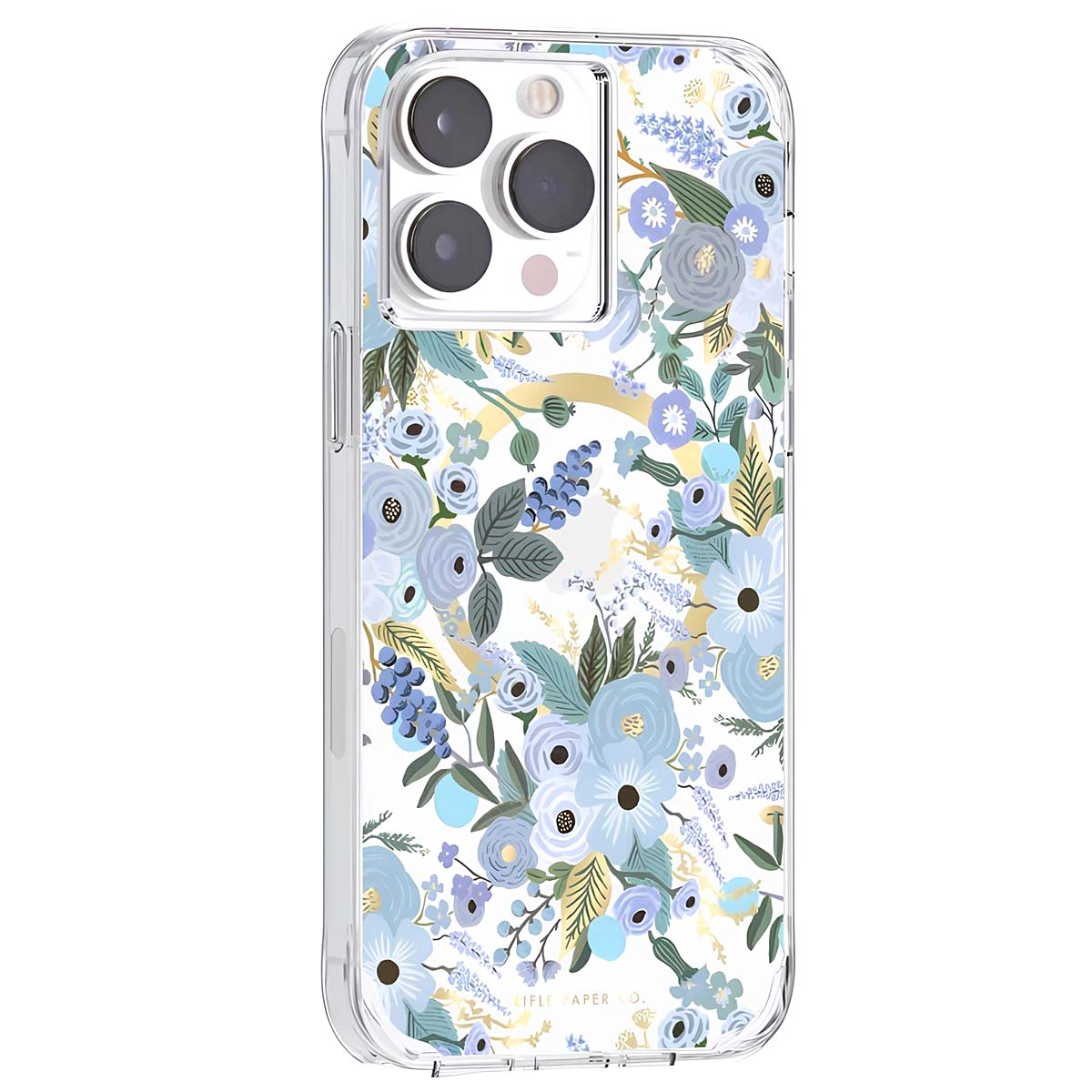 Una custodia trasparente per telefono con motivo floreale blu e accenti dorati su sfondo bianco.