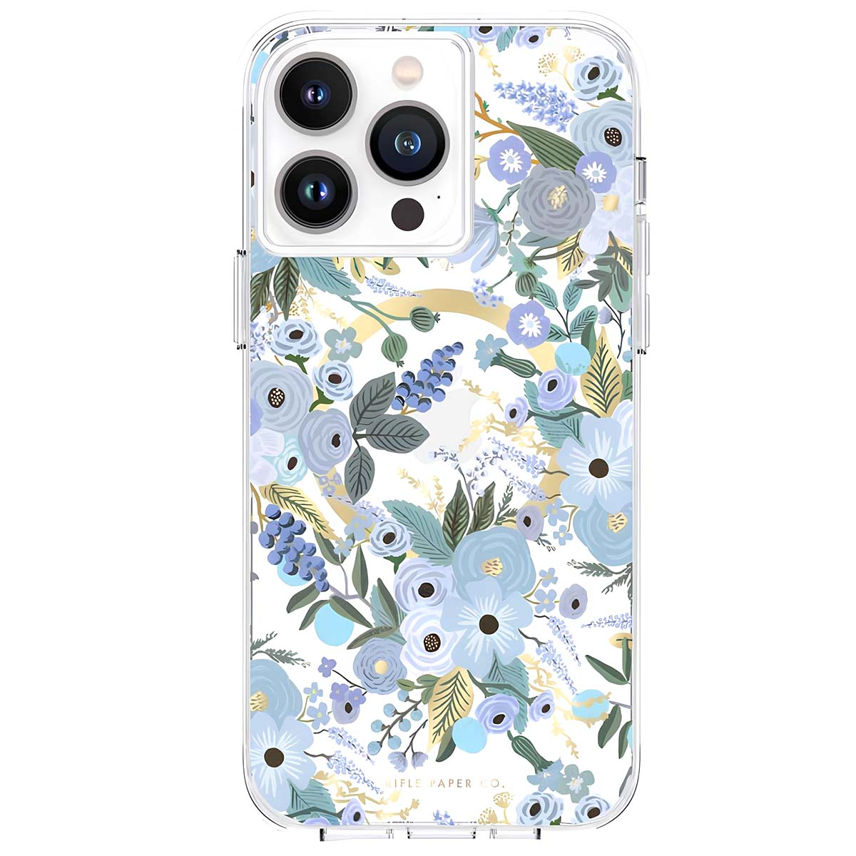 Cover trasparente per telefono con motivo floreale blu e accenti dorati. Tre lenti per fotocamera.