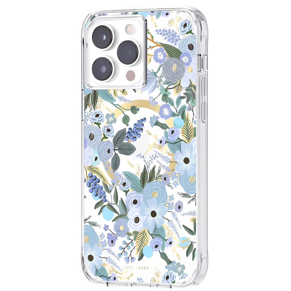 Una cover trasparente per telefono con fantasia floreale blu e accenti dorati.