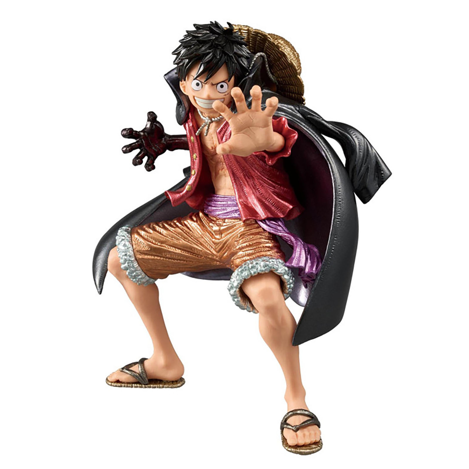Anime-Figur von Monkey D. Luffy in Aktion, trägt rote Jacke, Strohhut und Shorts.