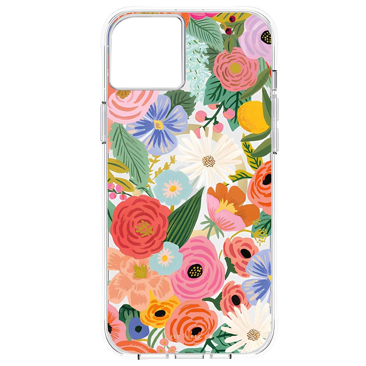Una custodia trasparente per telefono con un vivace motivo floreale di fiori rosa, arancioni e blu.
