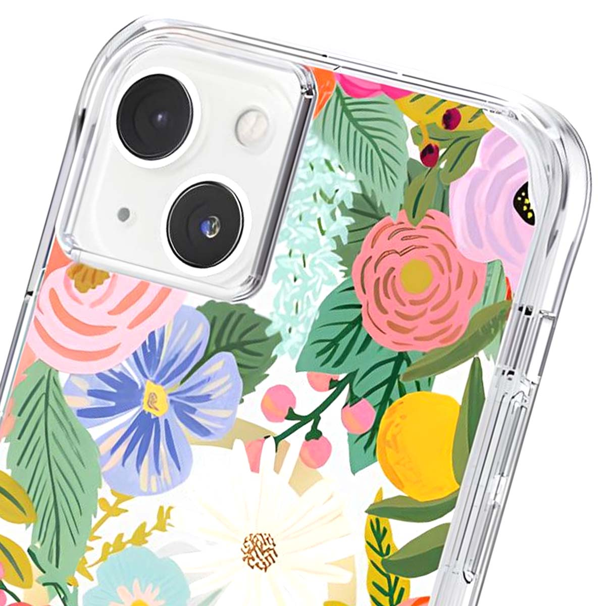 Una custodia trasparente per telefono con un vivace motivo floreale, con fiori rosa, blu e bianchi.