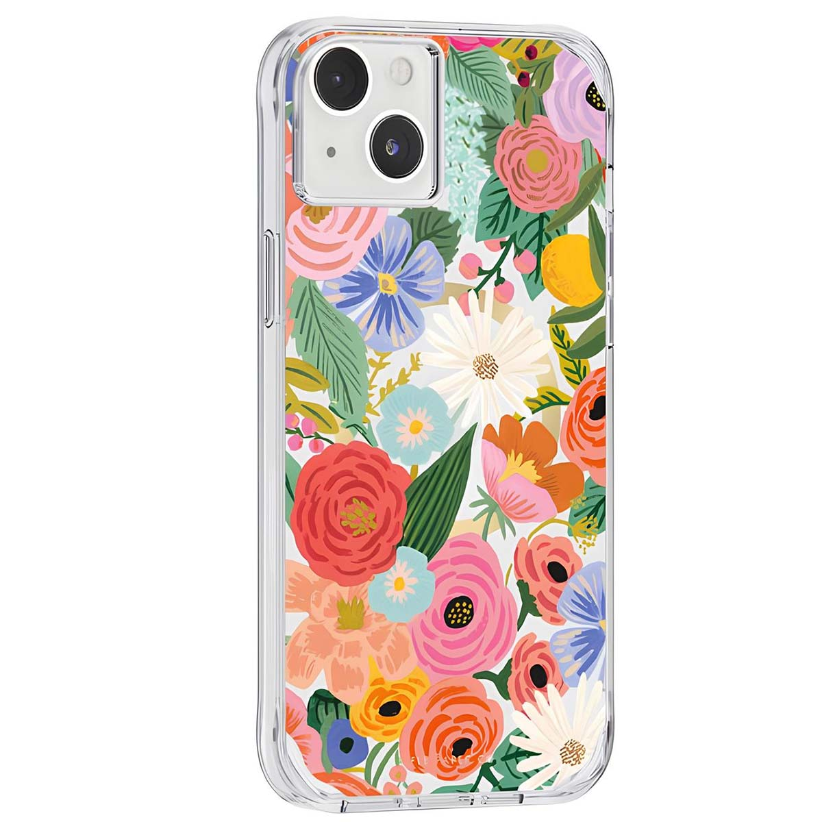 Una custodia trasparente per telefono con un vibrante motivo floreale con rose, margherite e foglie.