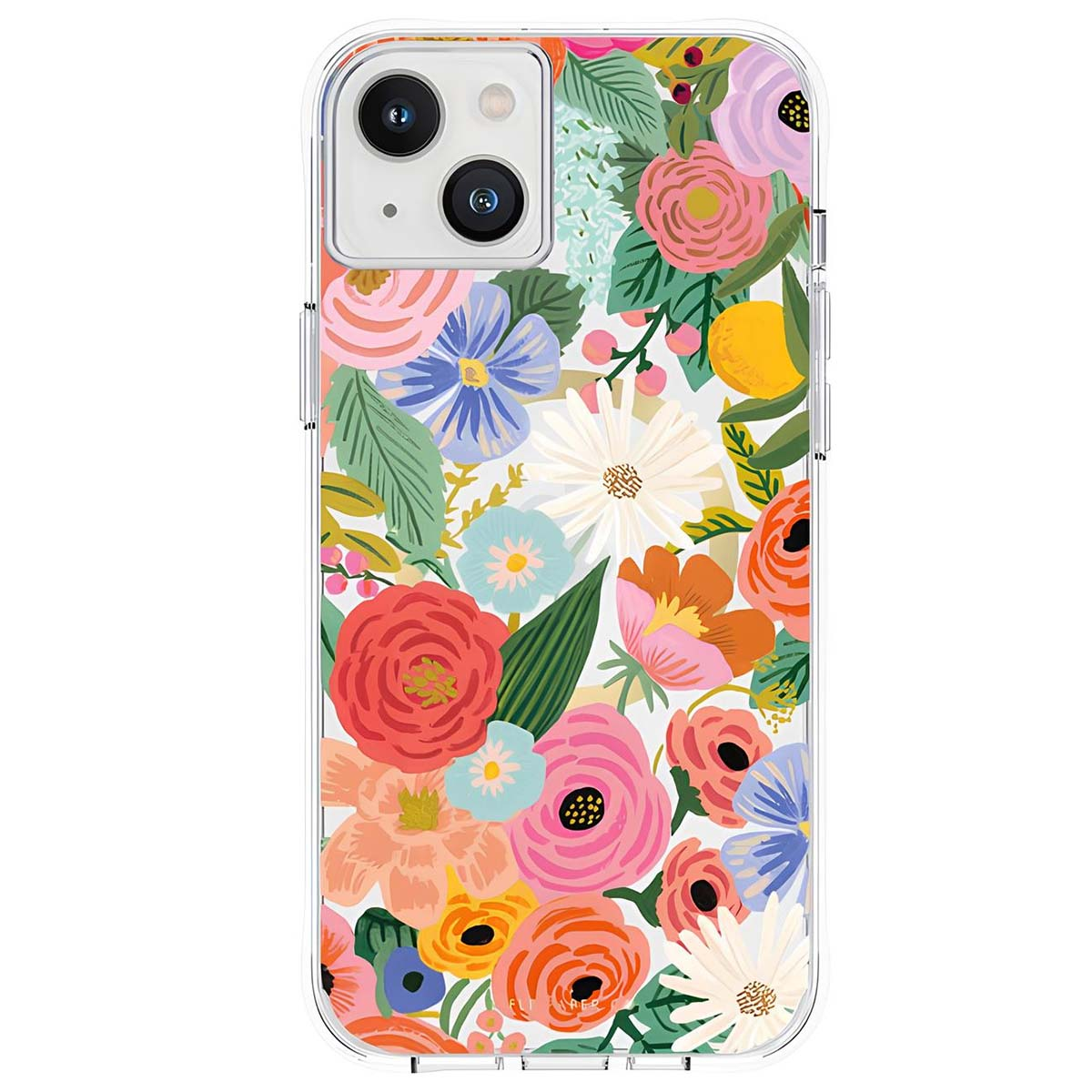 Custodia trasparente per iPhone con un vivace motivo floreale di fiori rosa, arancioni e blu.