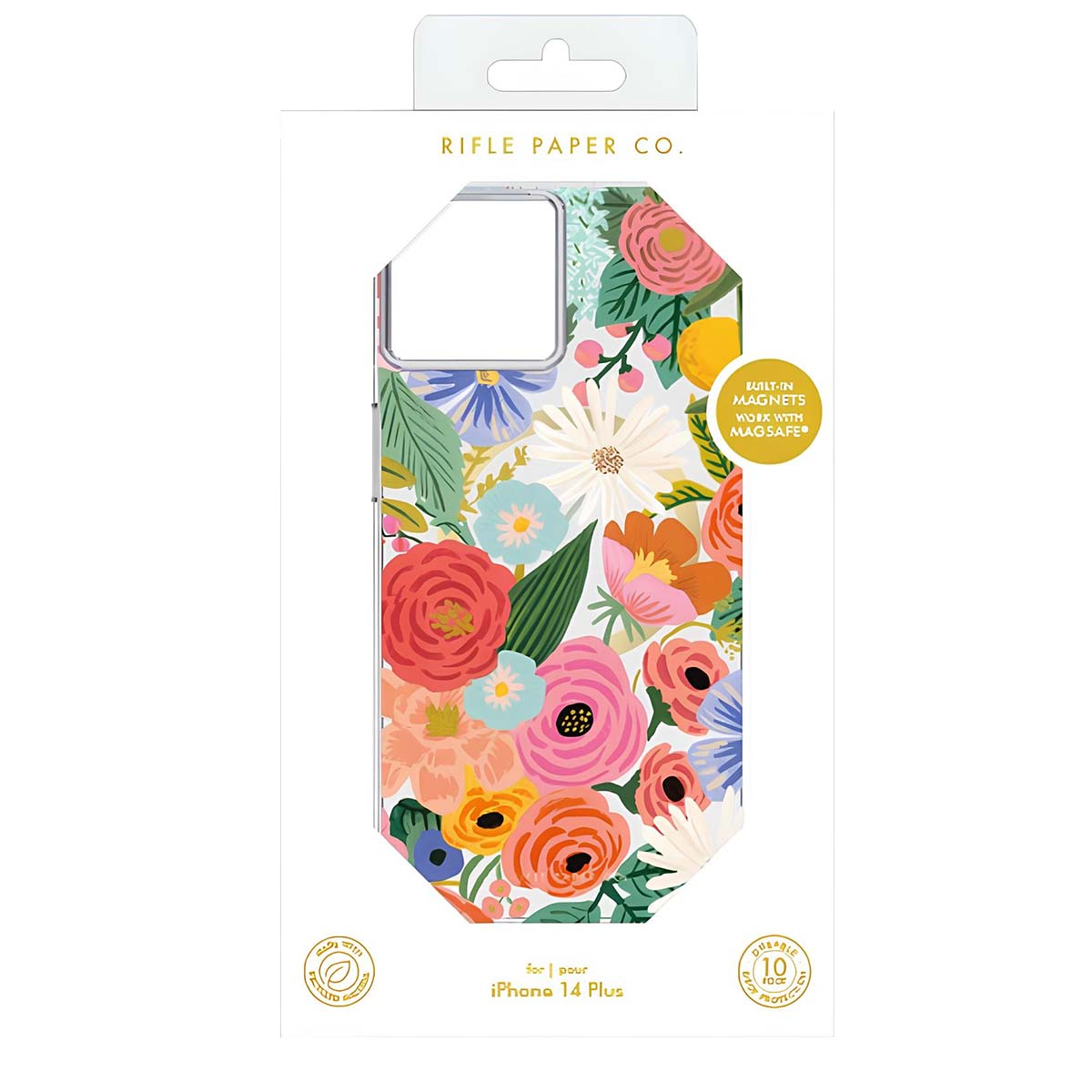 Custodia Rifle Paper Co. per iPhone 14 Plus con stampa floreale e compatibilità MagSafe.