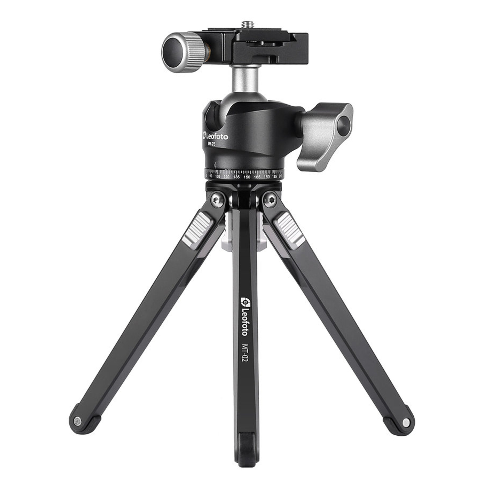 Ein schwarzes Leofoto MT-02 Stativ mit einem Leofoto LH-25 Kugelkopf ist abgebildet.