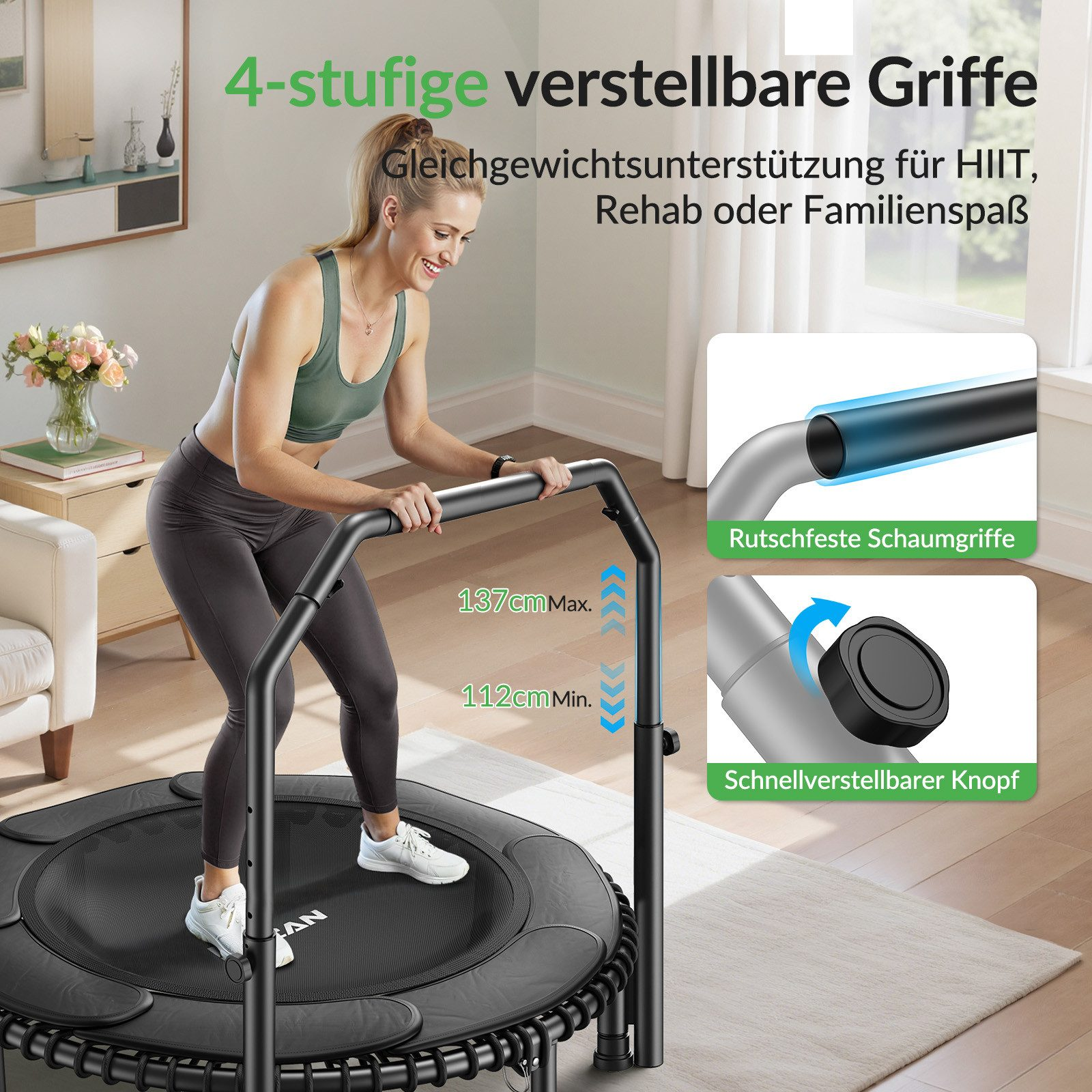 Frau auf Trampolin mit verstellbarem Griff. Max. Höhe 137cm, min. 112cm.