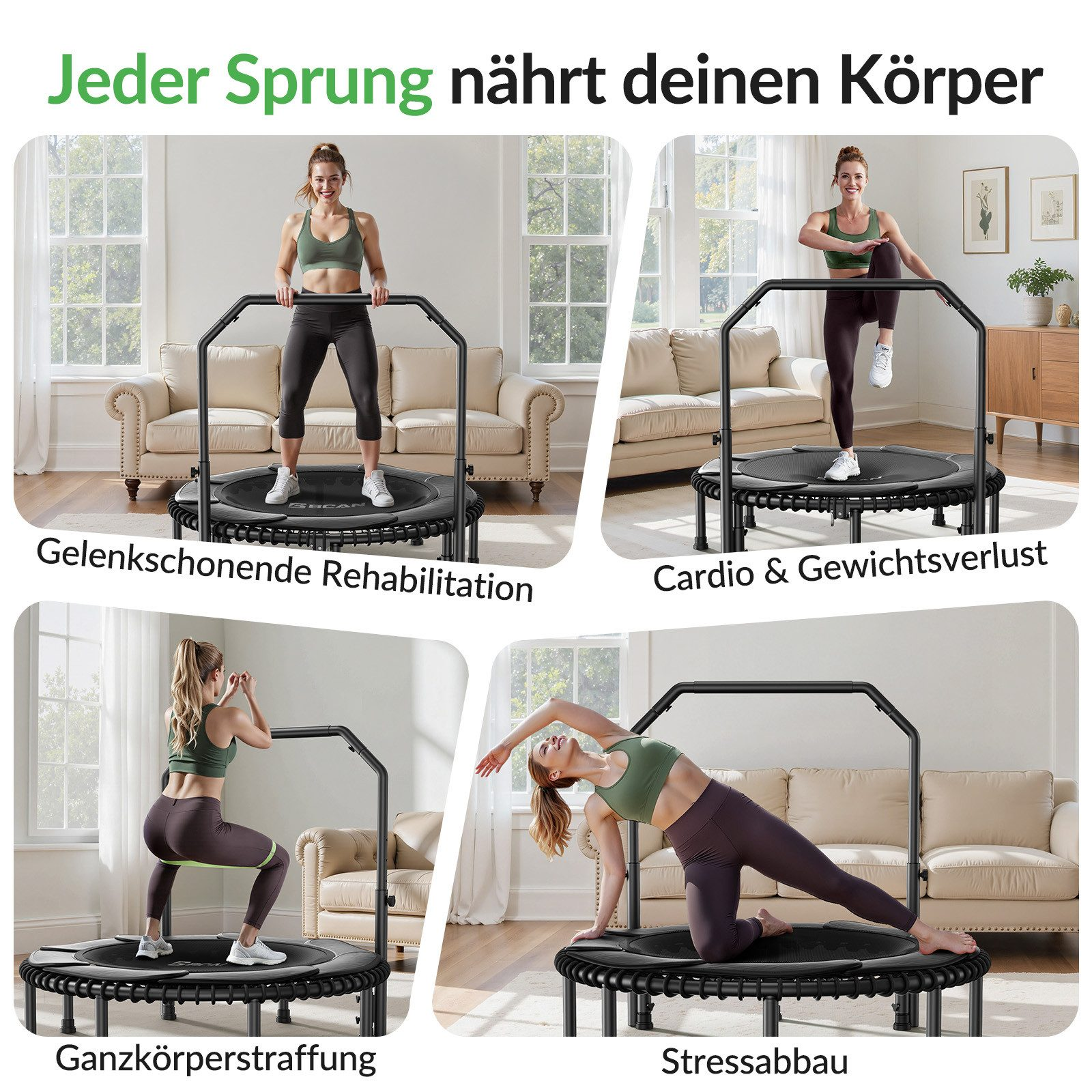 Vier Szenen einer Frau, die auf einem Trampolin trainiert, mit Texten zu den Vorteilen.