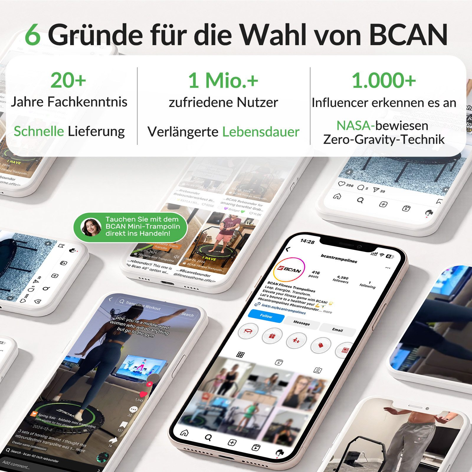 Mehrere Handys zeigen die BCAN-Website und Social-Media-Profile mit Trampolin-Übungen.