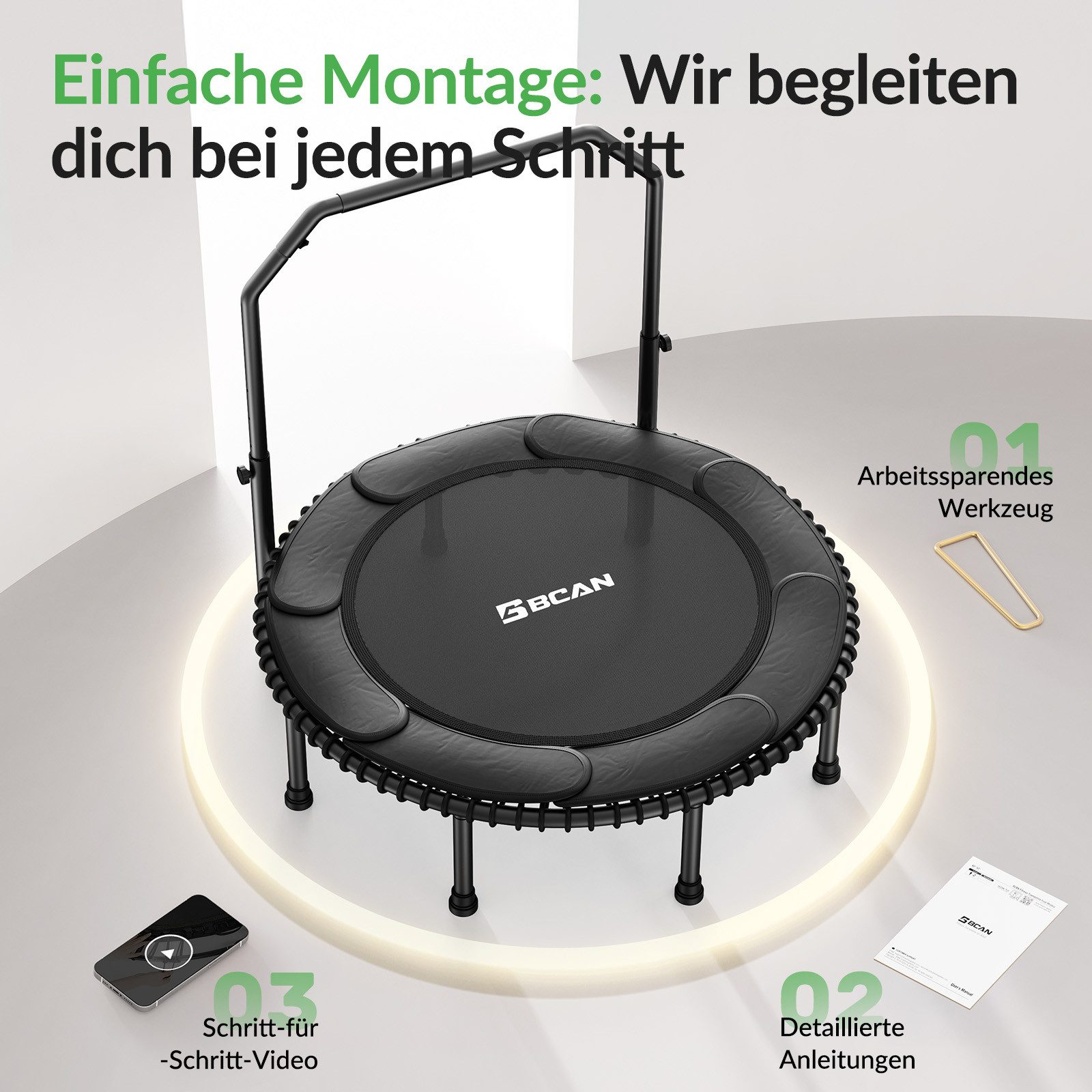 Schwarzes Trampolin mit Griff, Handy und Anleitung. Einfache Montage: Wir begleiten dich.