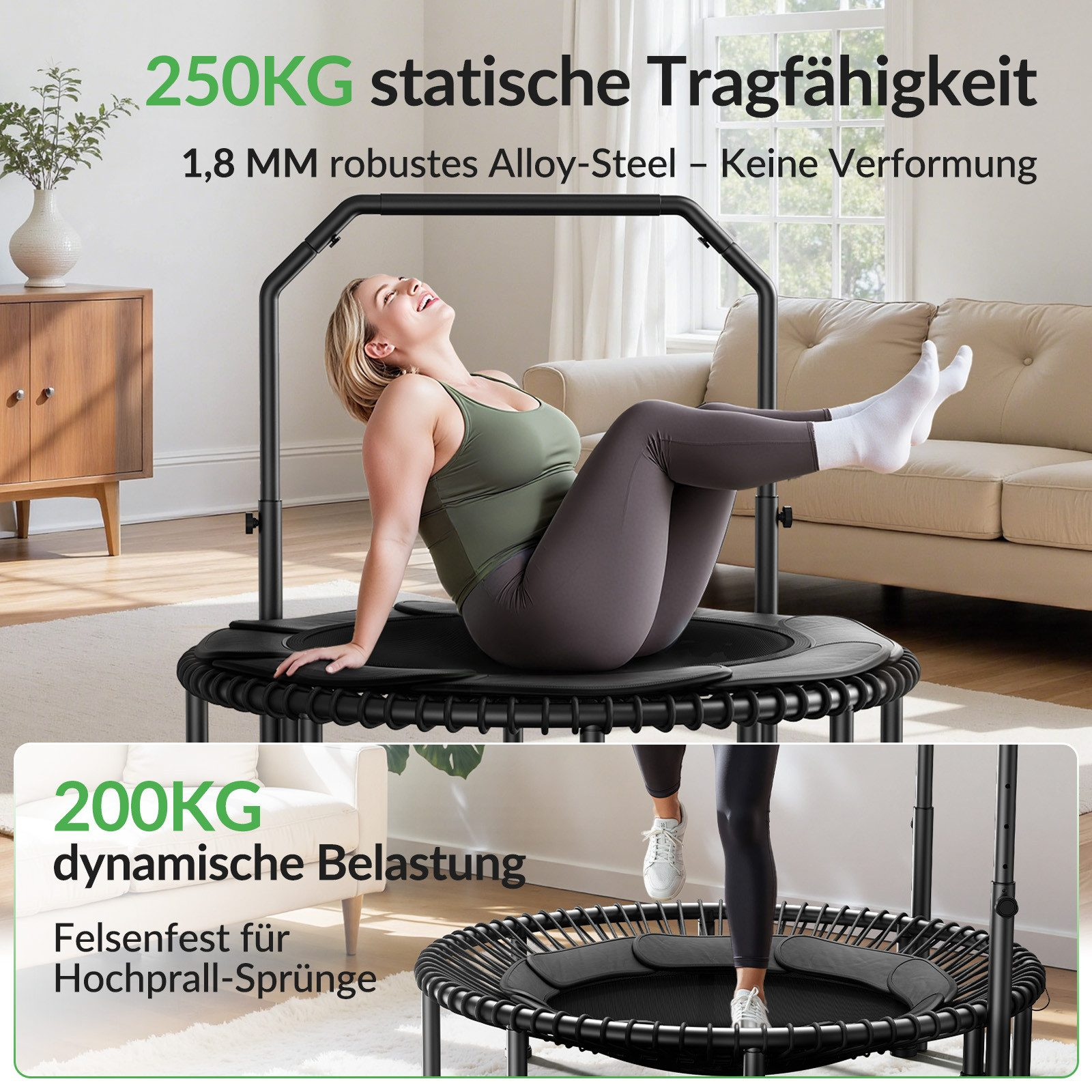 Frau trainiert auf Trampolin. Text nennt 250KG statisch & 200KG dynamisch.