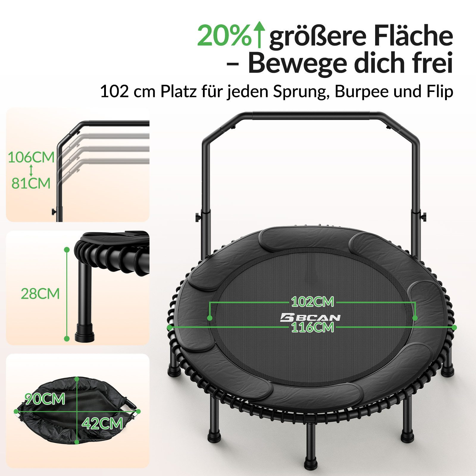 Schwarzes Trampolin mit Griff, Maße 102x116cm. Verstellbare Höhe 81-106cm.