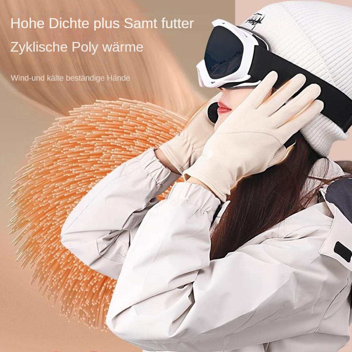 Eine Person mit Skibrille und Handschuhen vor einem orangen Hintergrund.