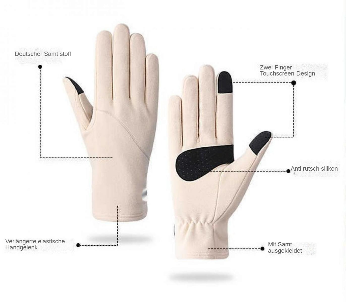 Zwei beige Handschuhe. Einer zeigt die Rückseite, der andere die Handfläche mit Griff.