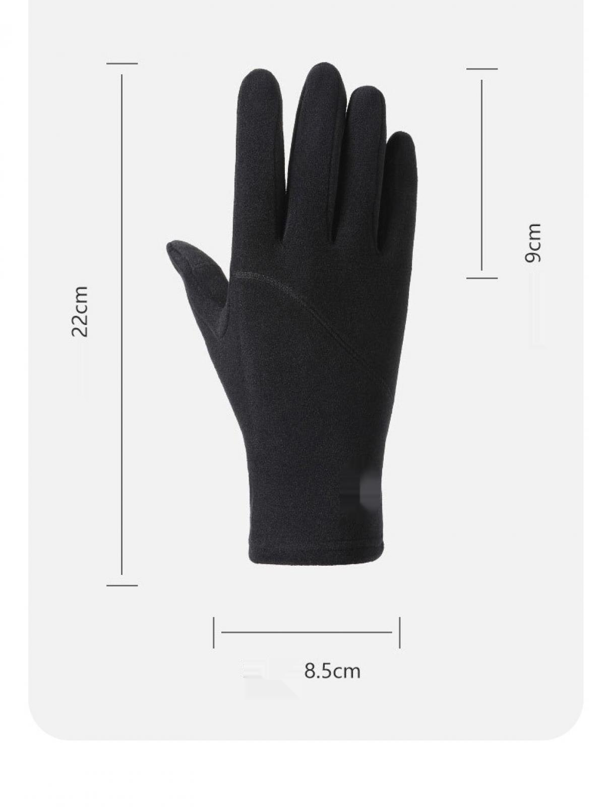 Ein schwarzer Handschuh wird mit den Maßen gezeigt: 22 cm Länge, 9 cm Breite, 8,5 cm Handflächenbreite.