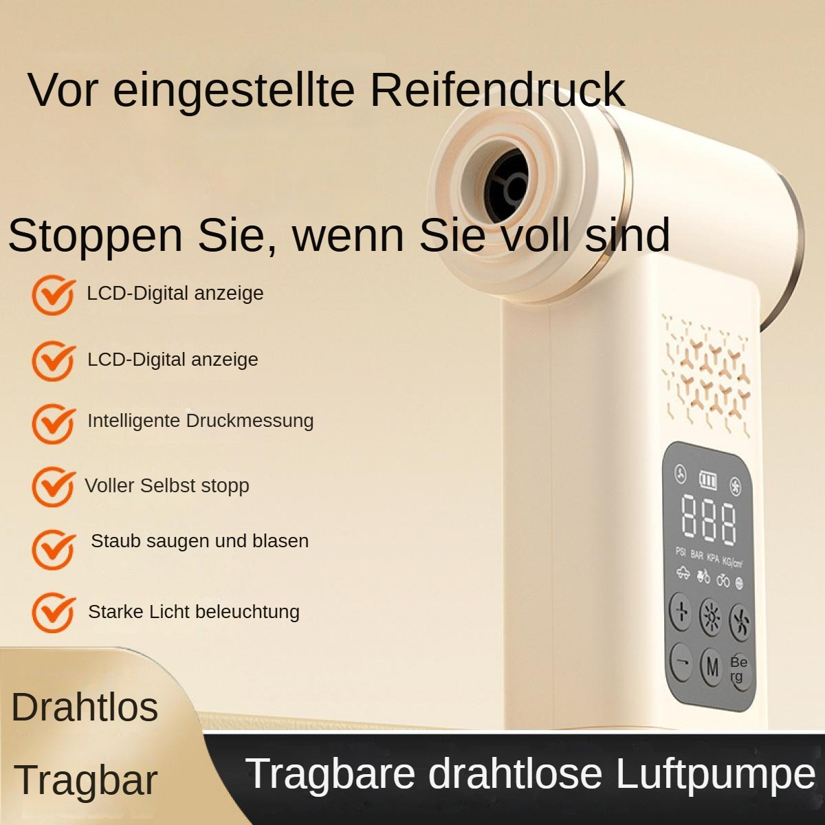 Eine tragbare kabellose Luftpumpe mit LCD-Anzeige, Selbststopp, Vakuum und Licht.