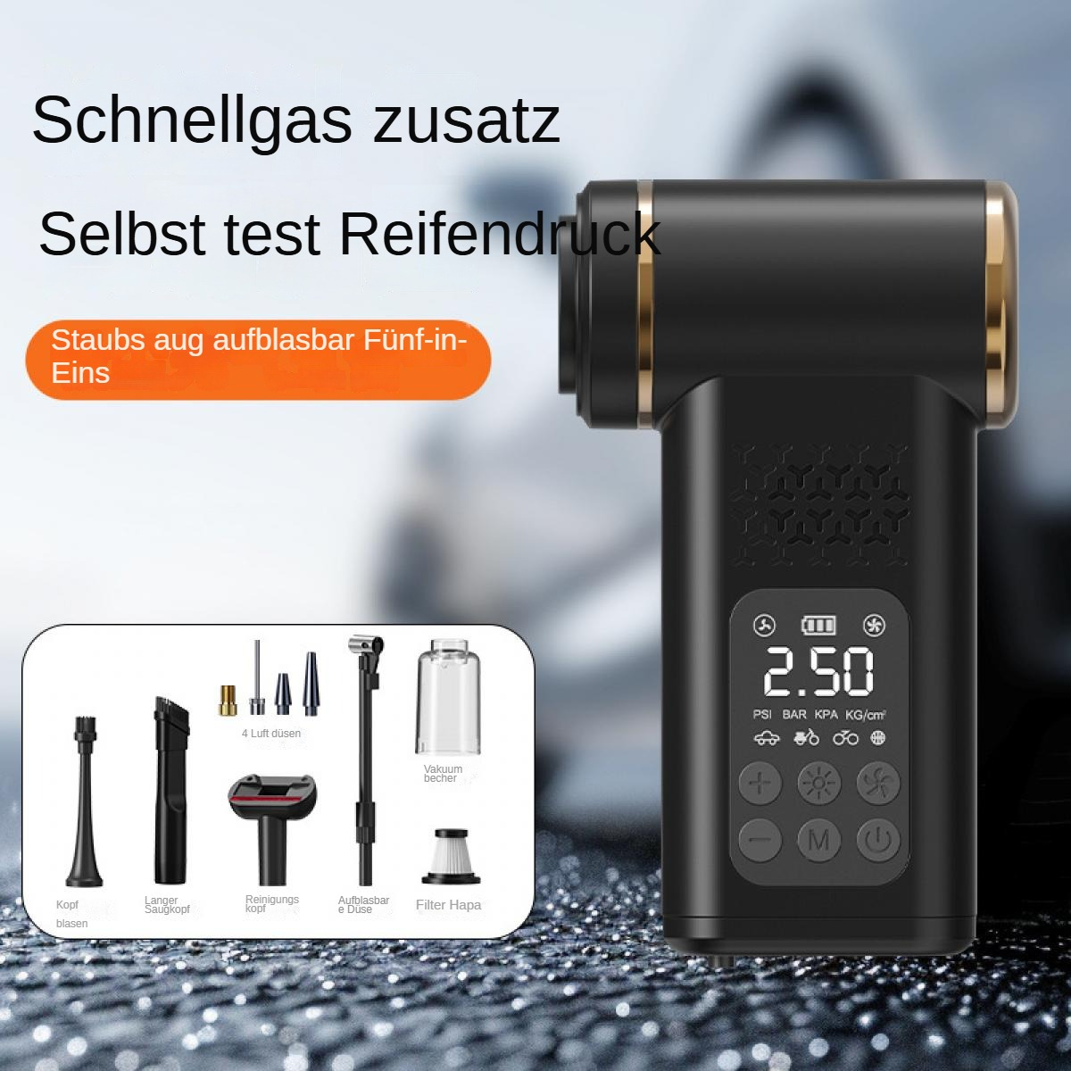 Schwarzes Multifunktions-Aufblasgerät mit Digitalanzeige (2,50 PSI). Enthält Zubehör.