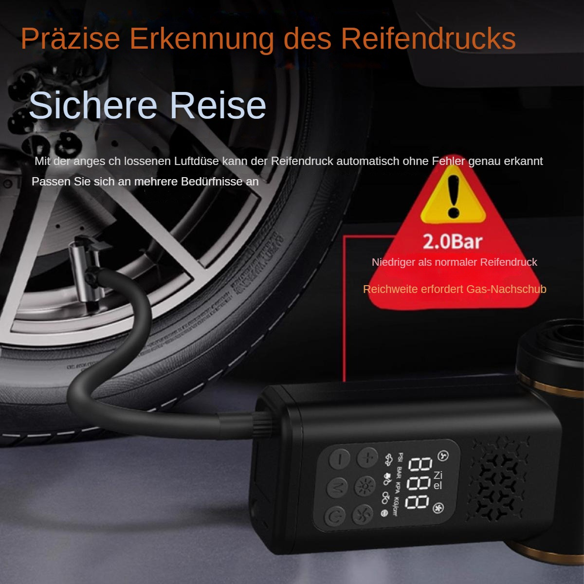 Reifendrucküberwachungsgerät an Autoreifen angeschlossen, zeigt 2,0 Bar auf dem Bildschirm an.