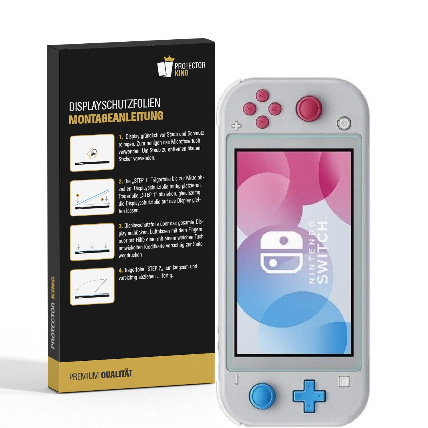 Verpackung für Displayschutzfolie mit Anleitung und Nintendo Switch Lite.