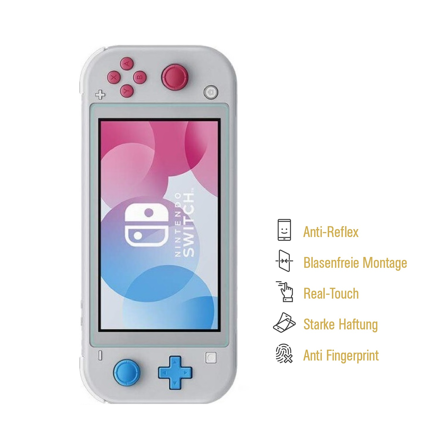 Graues Nintendo Switch Lite mit blauen und roten Knöpfen. Liste mit Features.