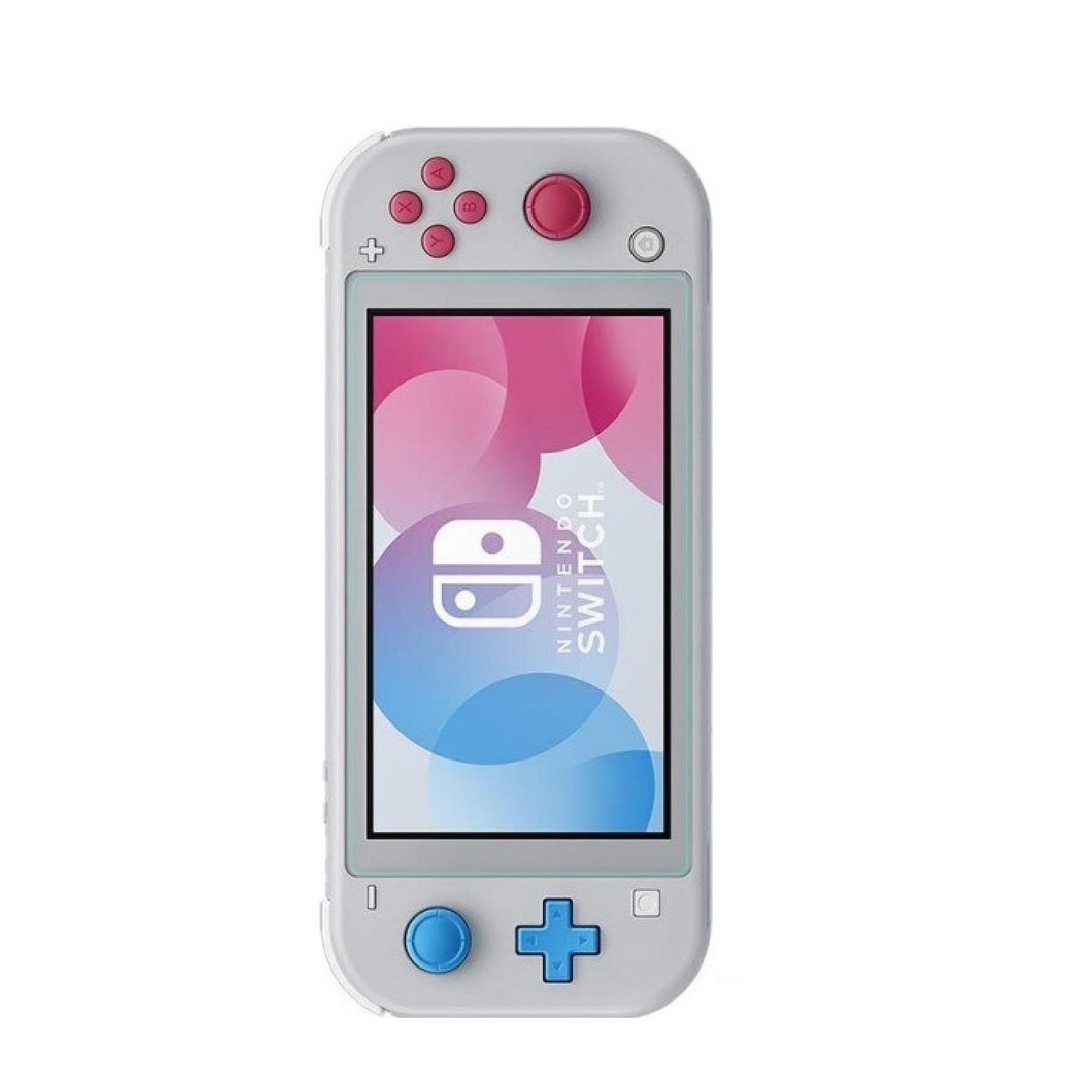 Ein weißes Nintendo Switch Lite mit pinken und blauen Tasten und buntem Bildschirm.