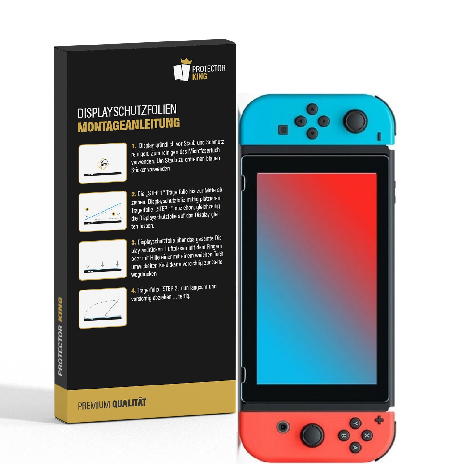 Anleitung für Protector King Displayschutzfolien auf einer Nintendo Switch.