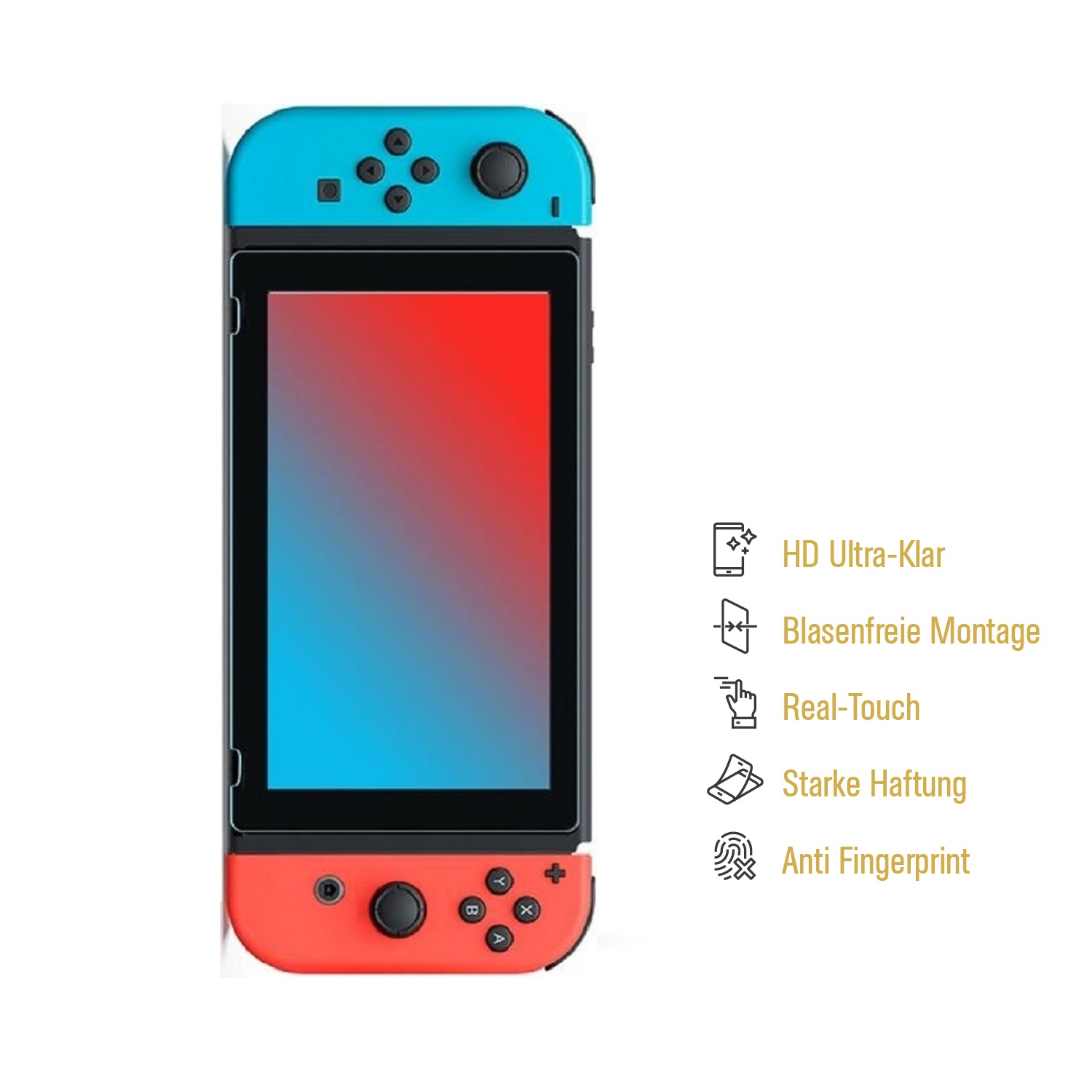 Nintendo Switch mit blauen und roten Controllern, zeigt Bildschirmfunktionen.