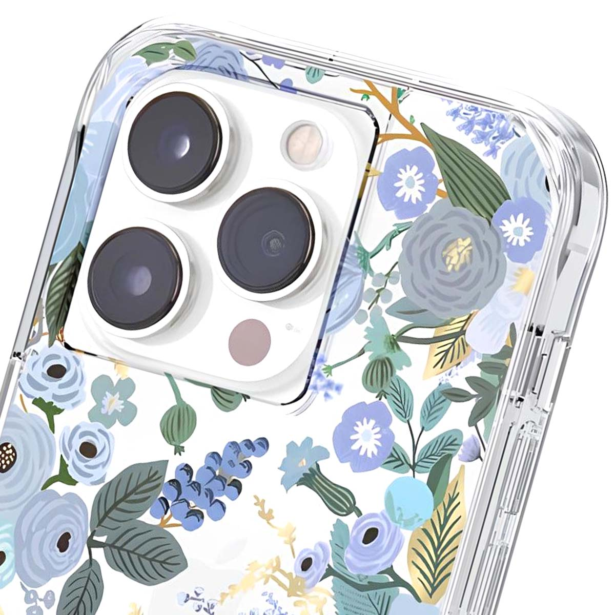 Una cover trasparente per telefono con motivo floreale blu e verde copre la fotocamera di un telefono.