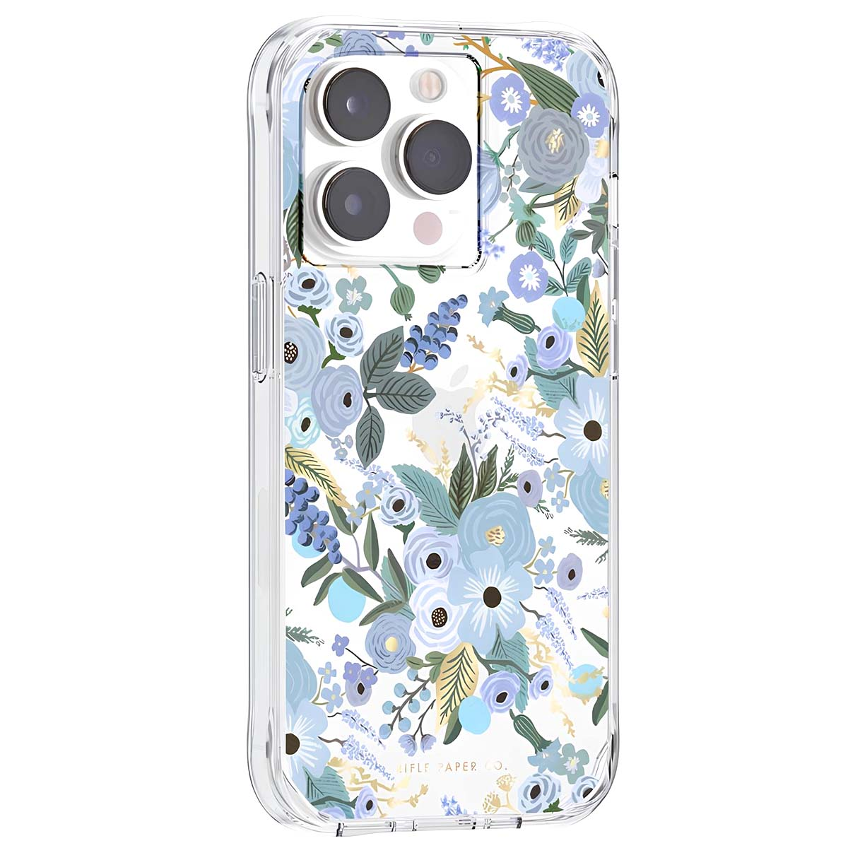 Cover trasparente per telefono con motivo floreale blu, rose, bacche e foglie.