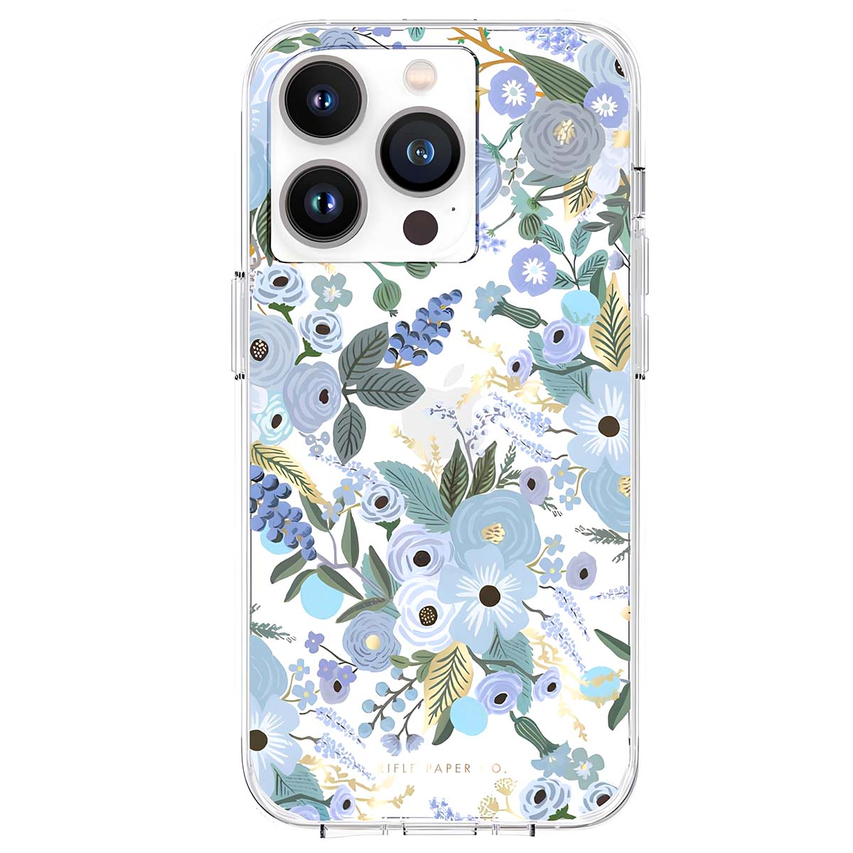 Custodia per iPhone con motivo floreale blu. La custodia ha un rialzo per la fotocamera.