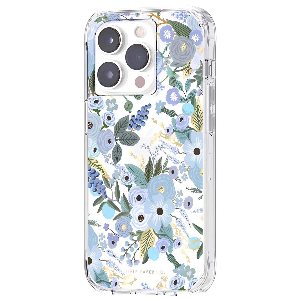 Una cover trasparente per telefono con fantasia floreale blu su sfondo bianco.