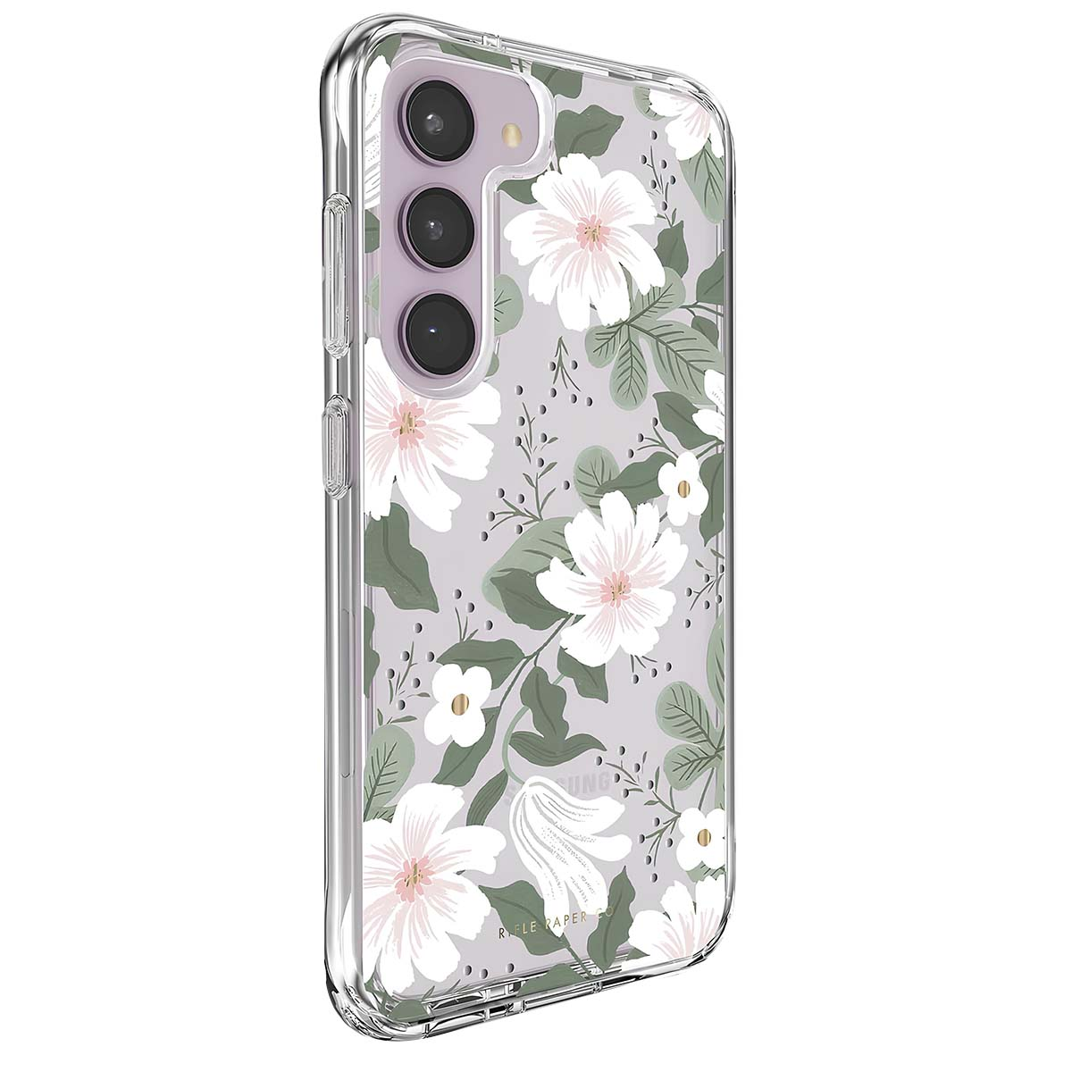 Custodia trasparente per telefono con fiori bianchi e foglie verdi su sfondo grigio chiaro.