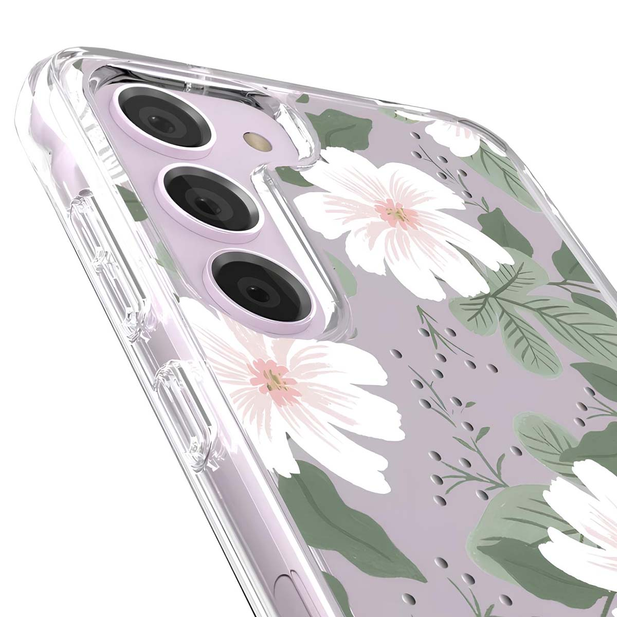 Custodia trasparente per telefono con fiori bianchi e foglie verdi su sfondo viola.