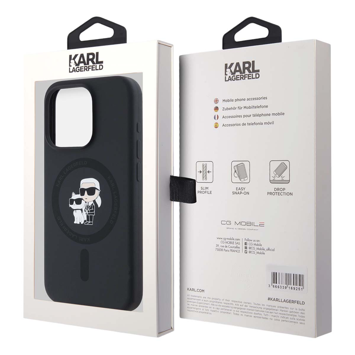 Karl Lagerfeld Handyhülle-Verpackung mit schwarzer Hülle, Grafik von Karl Lagerfeld und seiner Katze.