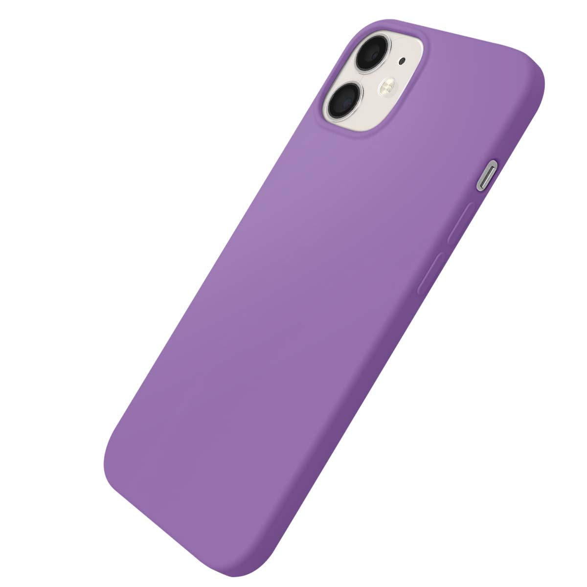 Une coque de téléphone violette avec découpe caméra est montrée en angle sur fond blanc.