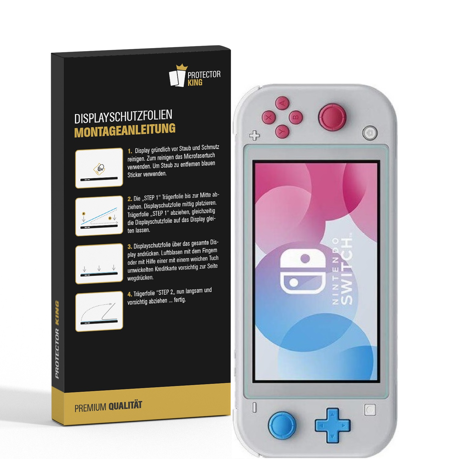 Protector King Displayschutzfolien-Verpackung neben einer weißen Nintendo Switch Lite.