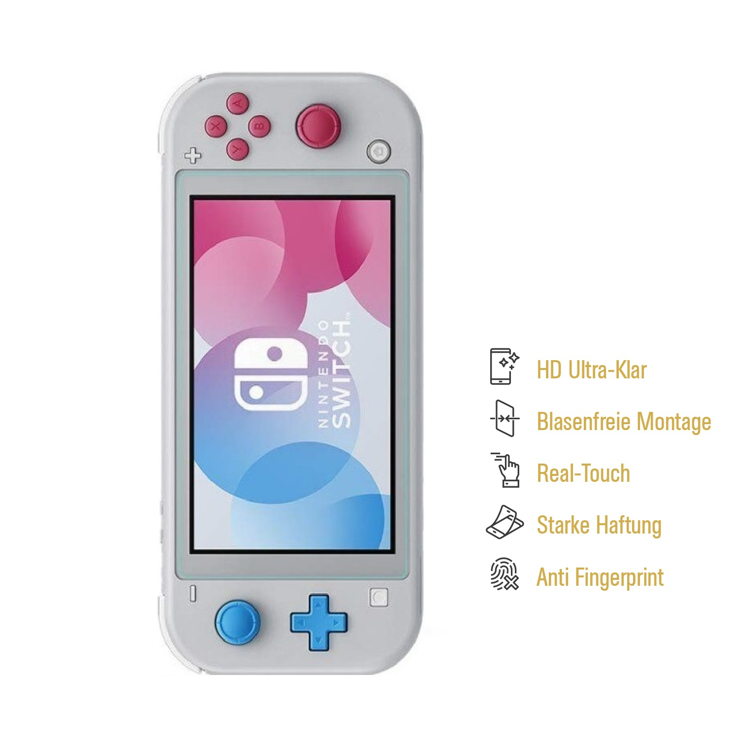 Ein weies Nintendo Switch Lite mit rosa und blauen Tasten. Links sind Symbole.