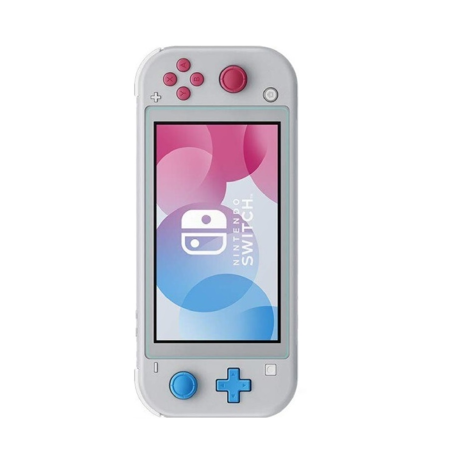 Eine hellgraue Nintendo Switch Lite Handheld-Konsole mit rosa und blauen Akzenten.