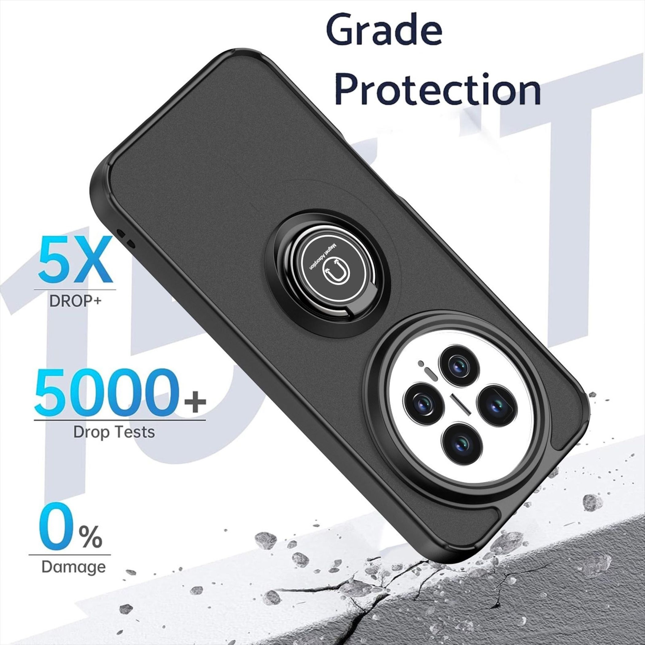 Custodia nera per telefono con obiettivo e anello magnetico. Protezione caduta 5X.