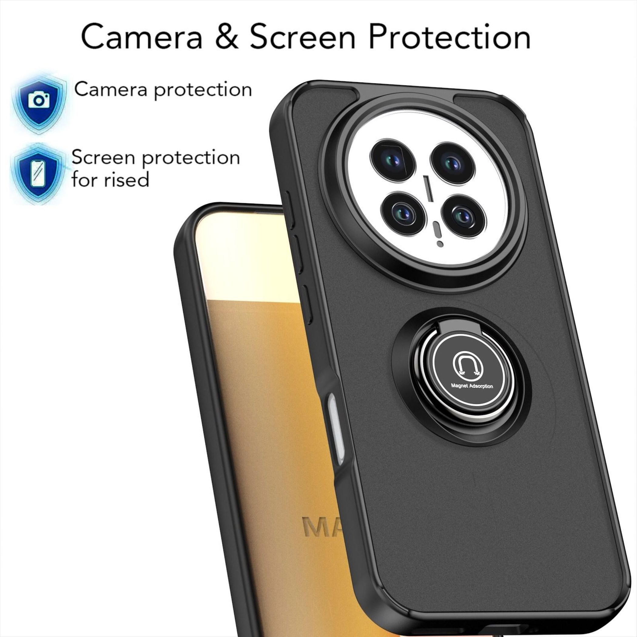 Custodia nera per telefono con protezione obiettivo e anello magnetico.